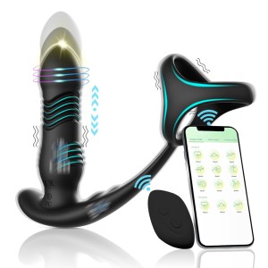 Wireless remote control APP with retractable double shock triple ring, vestibular prostate and anal obstruction